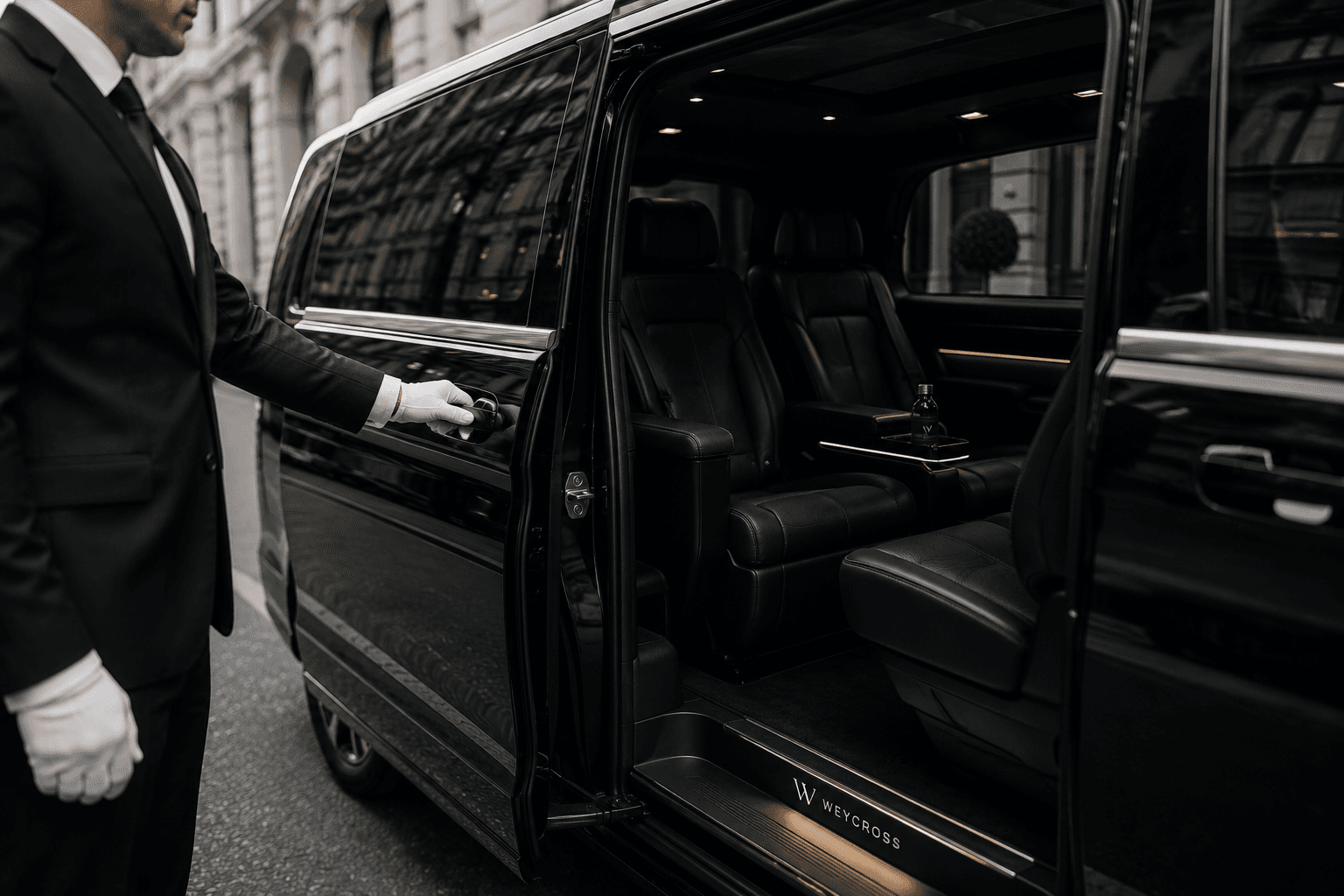 Weycross chauffeur holding open the sliding door of a Mercedes-Benz V-Class